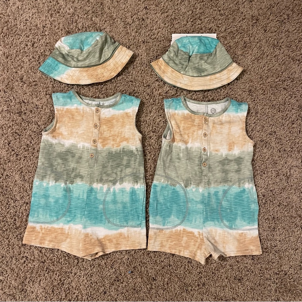 Twin boys set of 2 tie dye rompers with hats tan green & turquoise